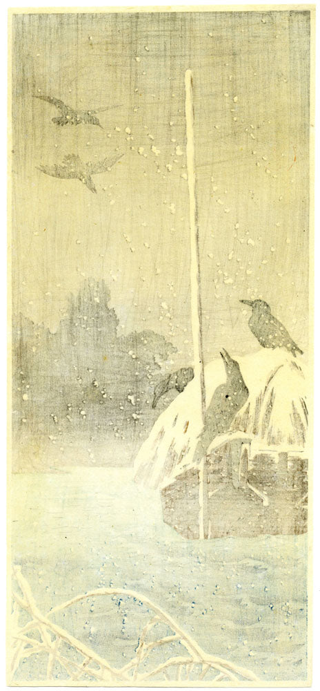 A Flight of Crows on a Snowy Riverbank (Pre-Earthquake)
