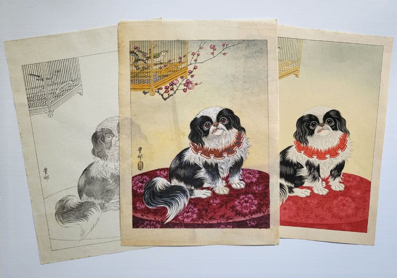 "Pekinese Dog and Bush Warbler in Cage - Original Painting" by Hoson