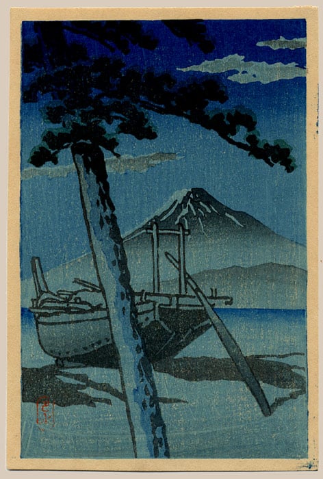 "Pinebeach at Miho" by Hasui, Kawase - surimono format