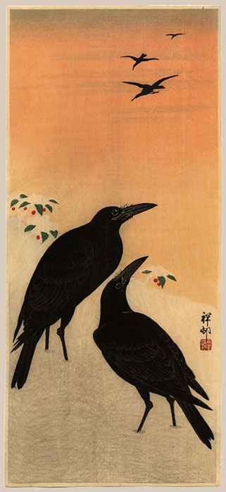 "Two Crows in Snow; three more in flight above" by Shoson