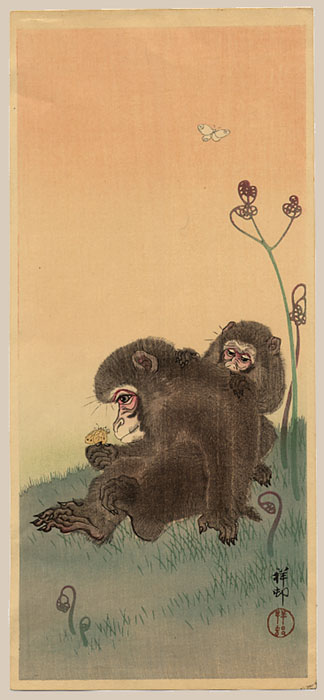 "Two Monkeys, one holding a Butterfly" by Shoson