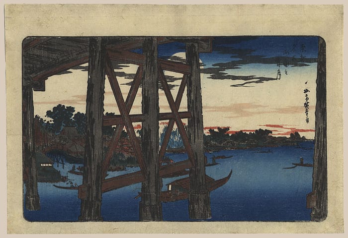 "Twilight Moon at Ryogoku Bridge" by Hiroshige