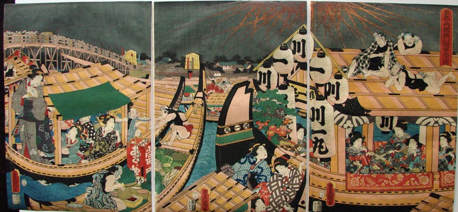 "Flourishing Fireworks at Ryōkoku Bridge" by Kunisada