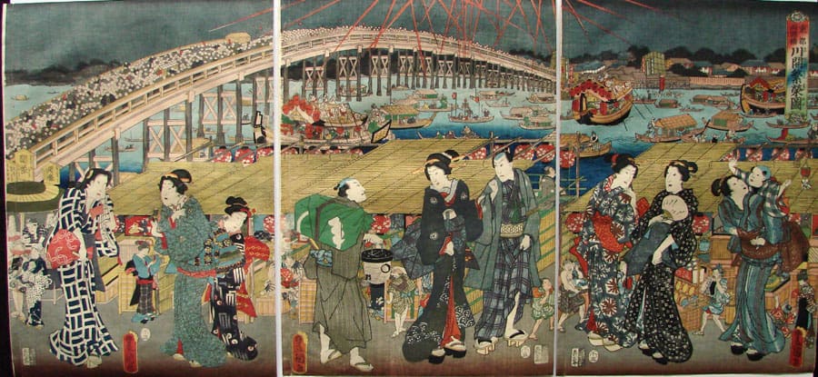 "An Evening with Fireworks at Ryōkoku Bridge" by Kunisada