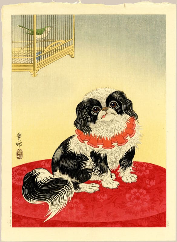 "A Pekinese Dog with a Japanese Bush Warbler" by Hoson