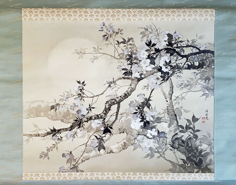 "A Flowering Ginkgo Tree under a Full Moon - Original Painting" by Shoson