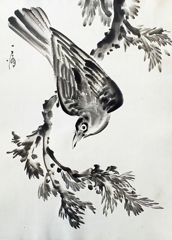 "Crow on a Bough Branch - Original Painting" by Obata, Chiura