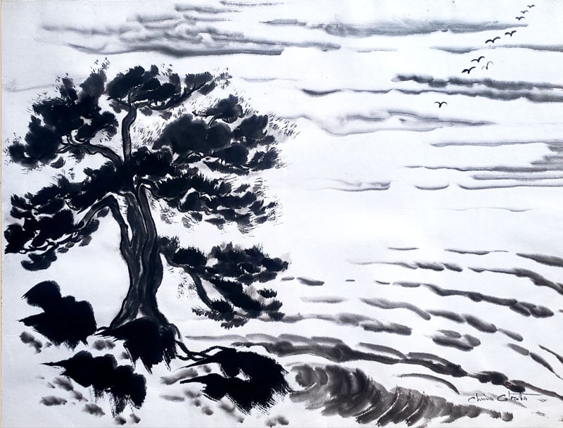 "A Lone Pine Tree in Sea Breeze - Original Painting" by Obata, Chiura
