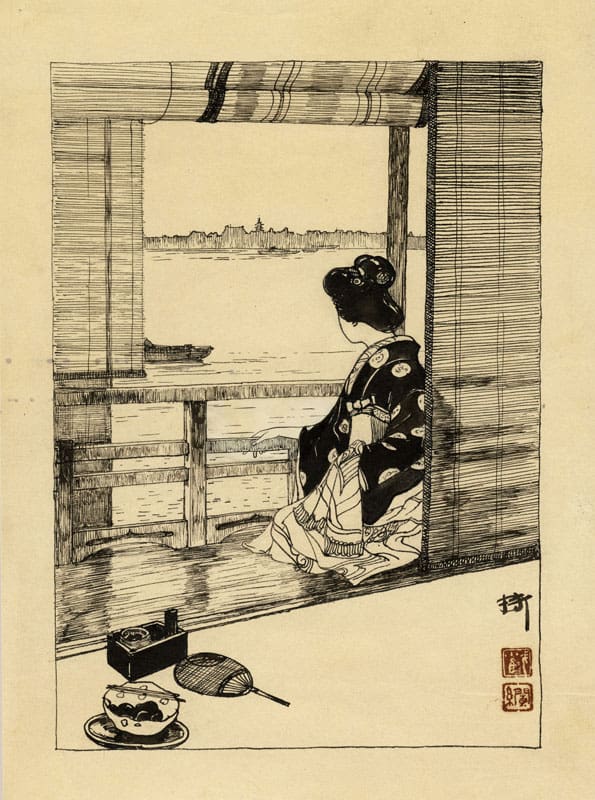 "A View from a Veranda at Sumidagawa River - Original Drawing" by Yoshida, Hiroshi