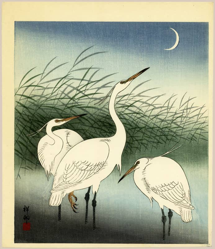 "Egrets under a Crescent Moon" by Shoson