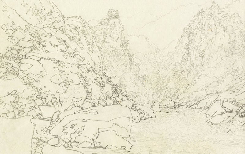 "Rapids Near Kurobe River Gorge - Original Preparatory Drawing" by Yoshida, Hiroshi