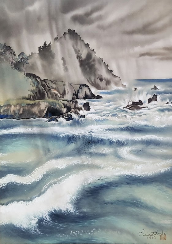 "Evening Shower at Point Lobos, CA - Original Painting" by Obata, Chiura