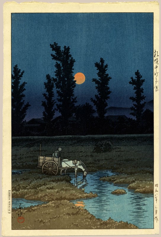 "Evening Moon at Nakanoshima, Sapporo" by Hasui, Kawase