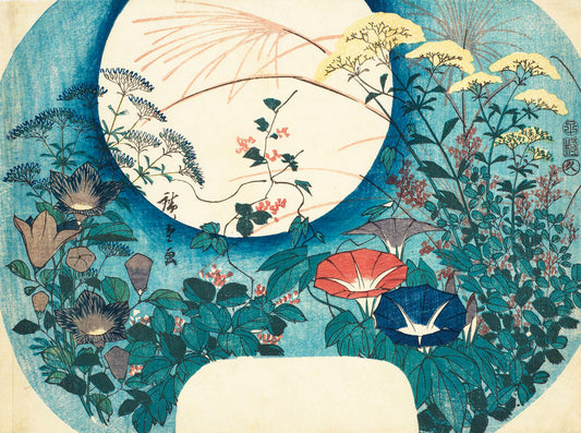 Full Moon, Morning Glories and Autumn Flowers (Fan Format)