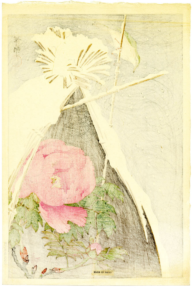 Siberian Bluechat Bird and Peony on a Snowy Night