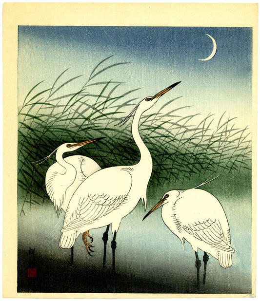 Three Egrets under a Crescent Moon