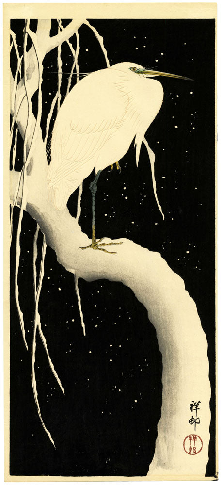 Egret on Snow-covered Branch